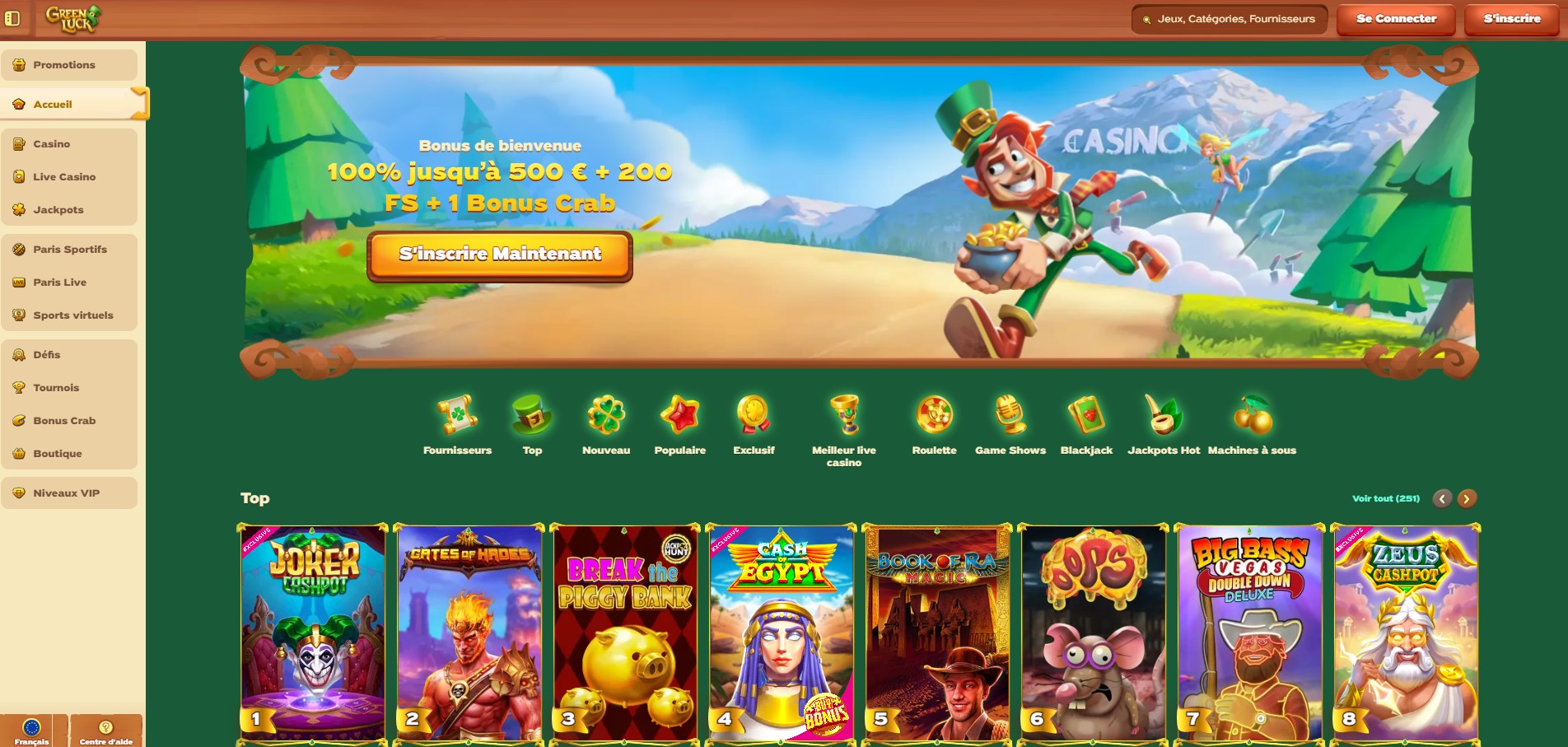 Aperçu de la page principale du casino Greenluck