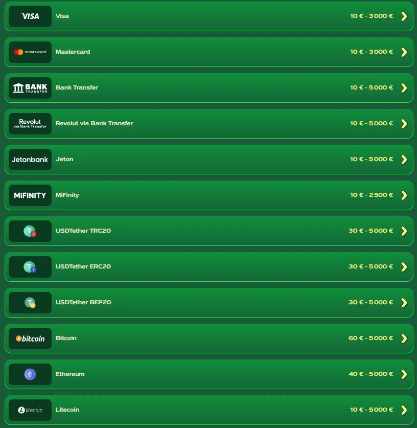 Méthodes de retrait disponibles sur Greenluck